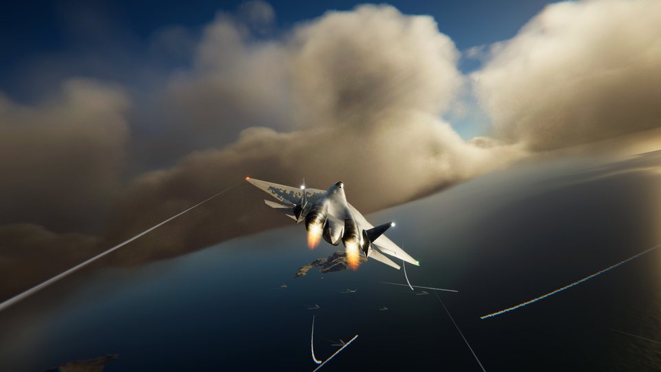 A Su-57 breaks hard over the sea, popping flares in three pairs