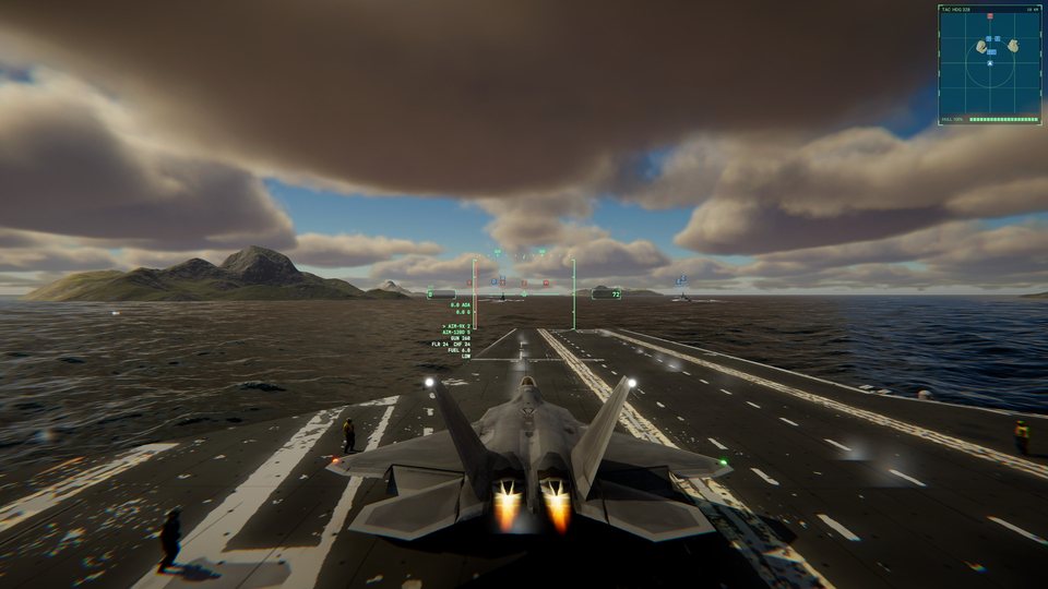 F-22 in full burner on cat one, deck crew standing clear