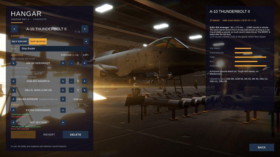 The hangar bay: an A-10 loadout on the stands, loadout screen