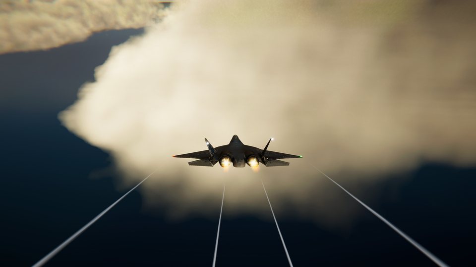 A Su-57 pulling vapour past a cloud bank