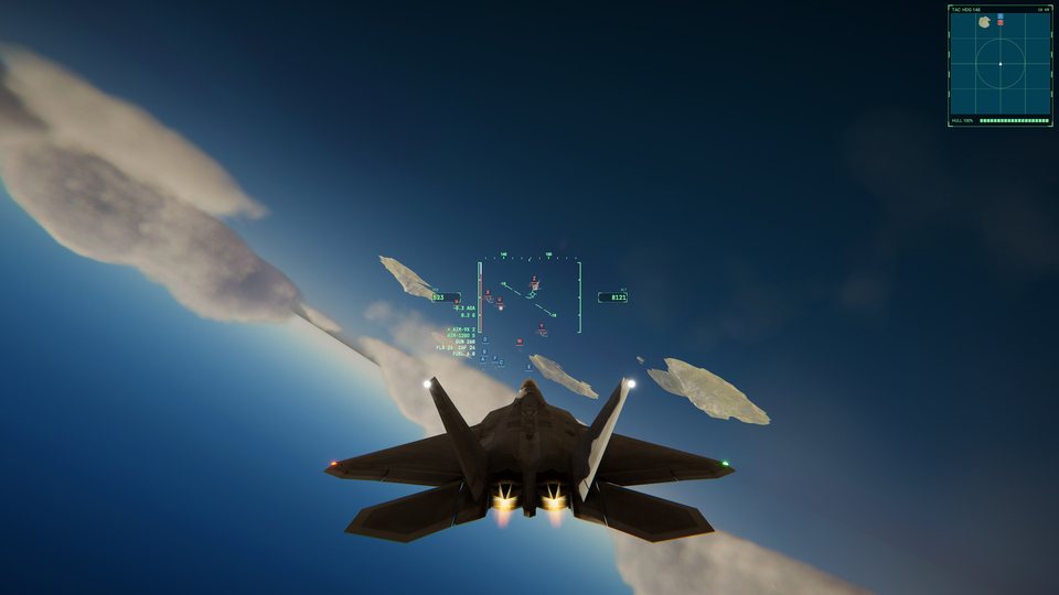 F-22 rolling in on the Red fleet, OP point markers on the HUD