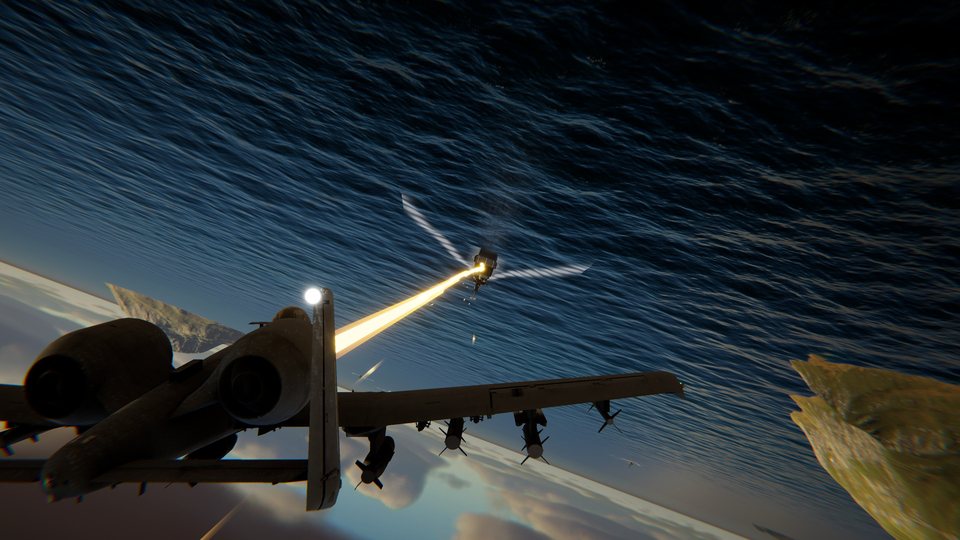 A-10 Thunderbolt II firing the GAU-8 Avenger at a Red frigate