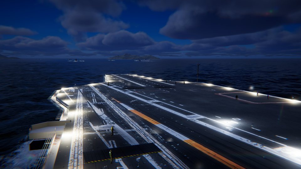 The flight deck lights at night